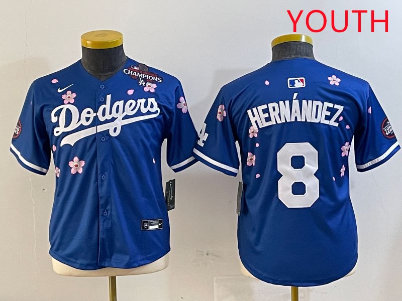 Youth Los Angeles Dodgers #8 Hernandez Blue Sakura Edition 2025 Nike MLB Jersey style 4->youth mlb jersey->Youth Jersey
